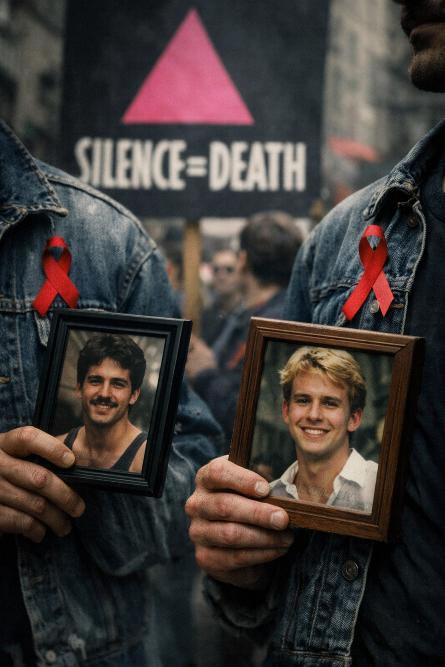 AIDS crisis memorial at NYC Pride march 1980s with photos and red ribbons honoring lives lost