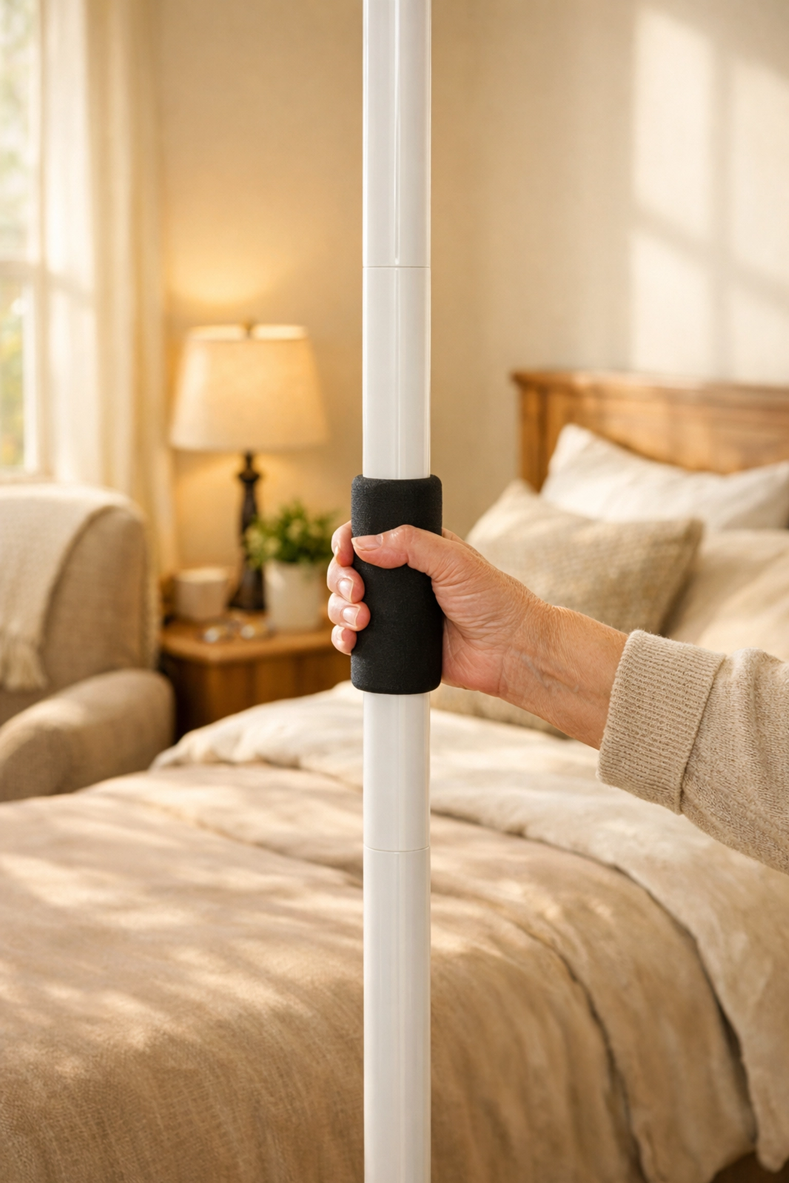 A bedroom transfer pole and assist rail providing a sturdy handle for a senior getting out of bed.
