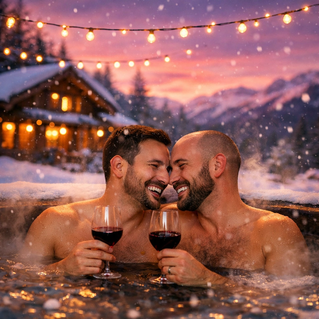 Gay couple relaxing in hot tub at romantic mountain ski resort