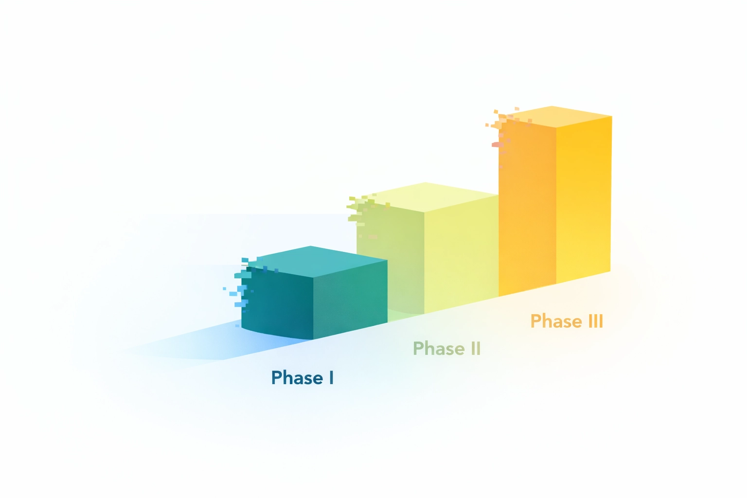 Minimalist flat-design three-step roadmap (Phase I, Phase II, Phase III) built from color blocks in MM Sanford’s palette, with a subtle duotone overlay and pixel-glitch accents—representing a phased SEO system.