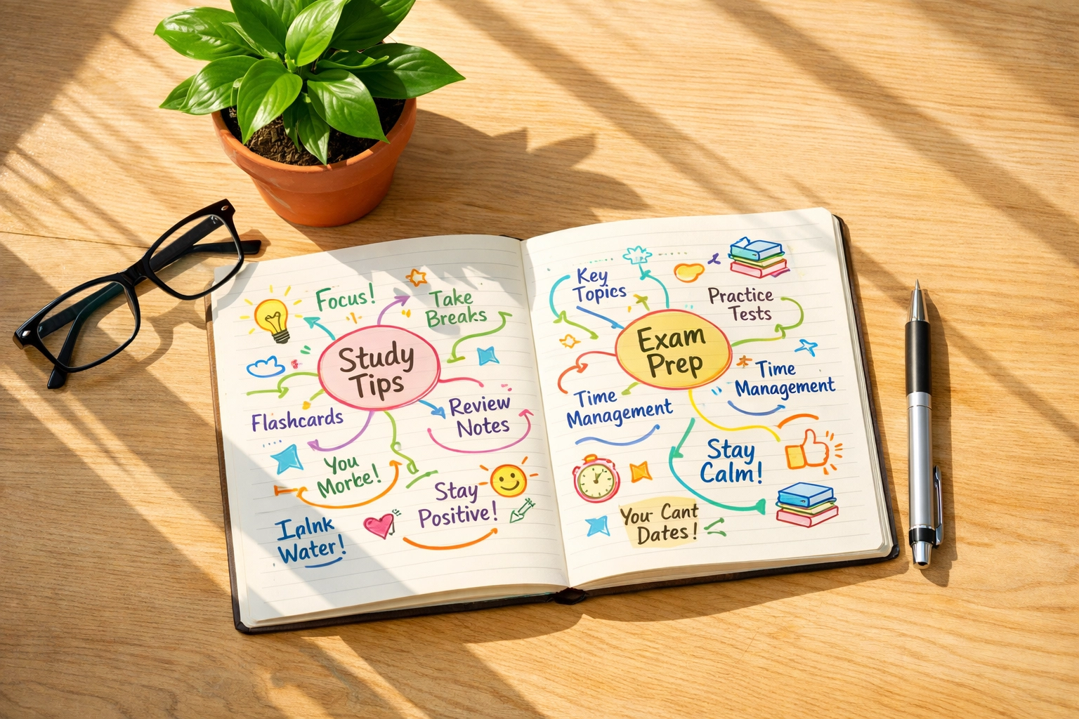 Organized revision notes and mind maps on a sunny desk symbolizing student exam confidence and success.