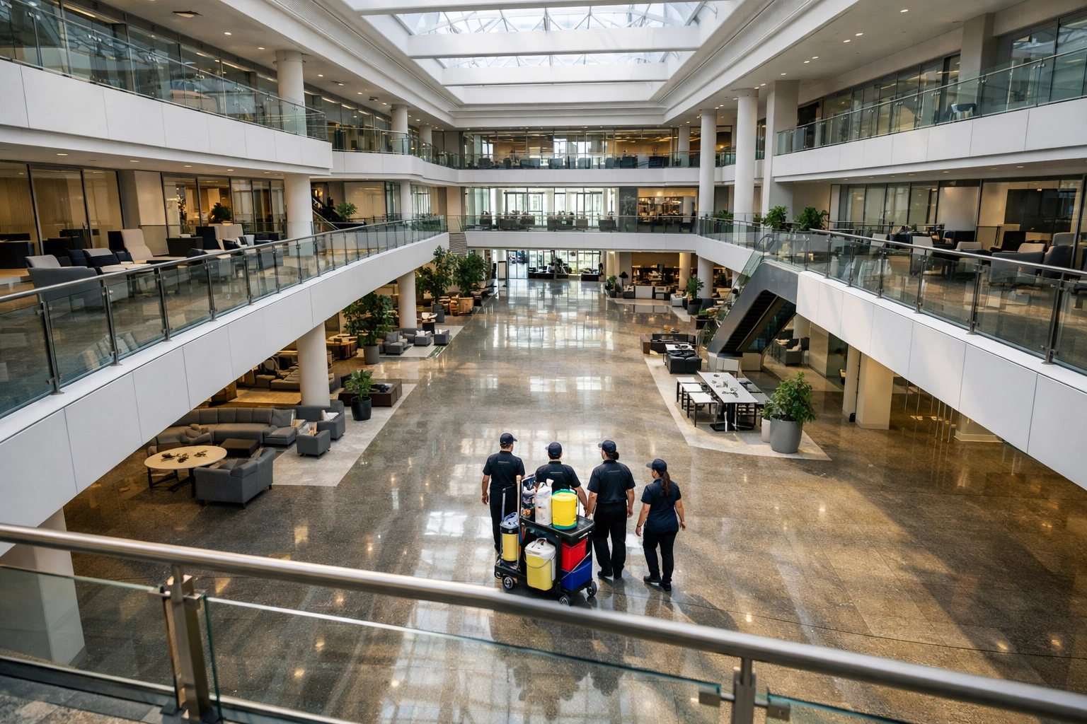 Clean corporate building atrium demonstrating professional all-in-one property maintenance across PA and NJ.