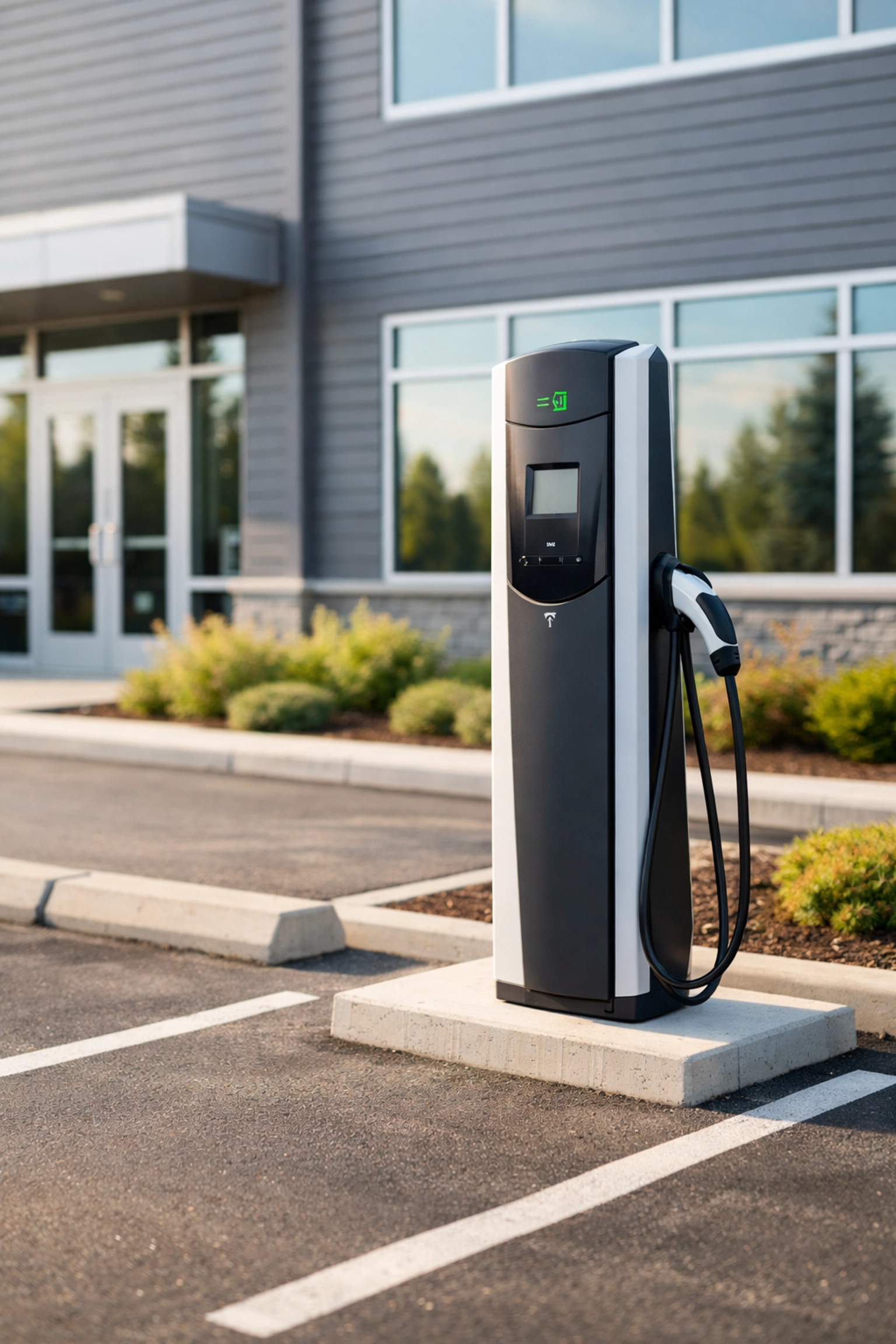 Commercial EV charging station at a modern business site, showcasing a southern maine electric panel upgrade.