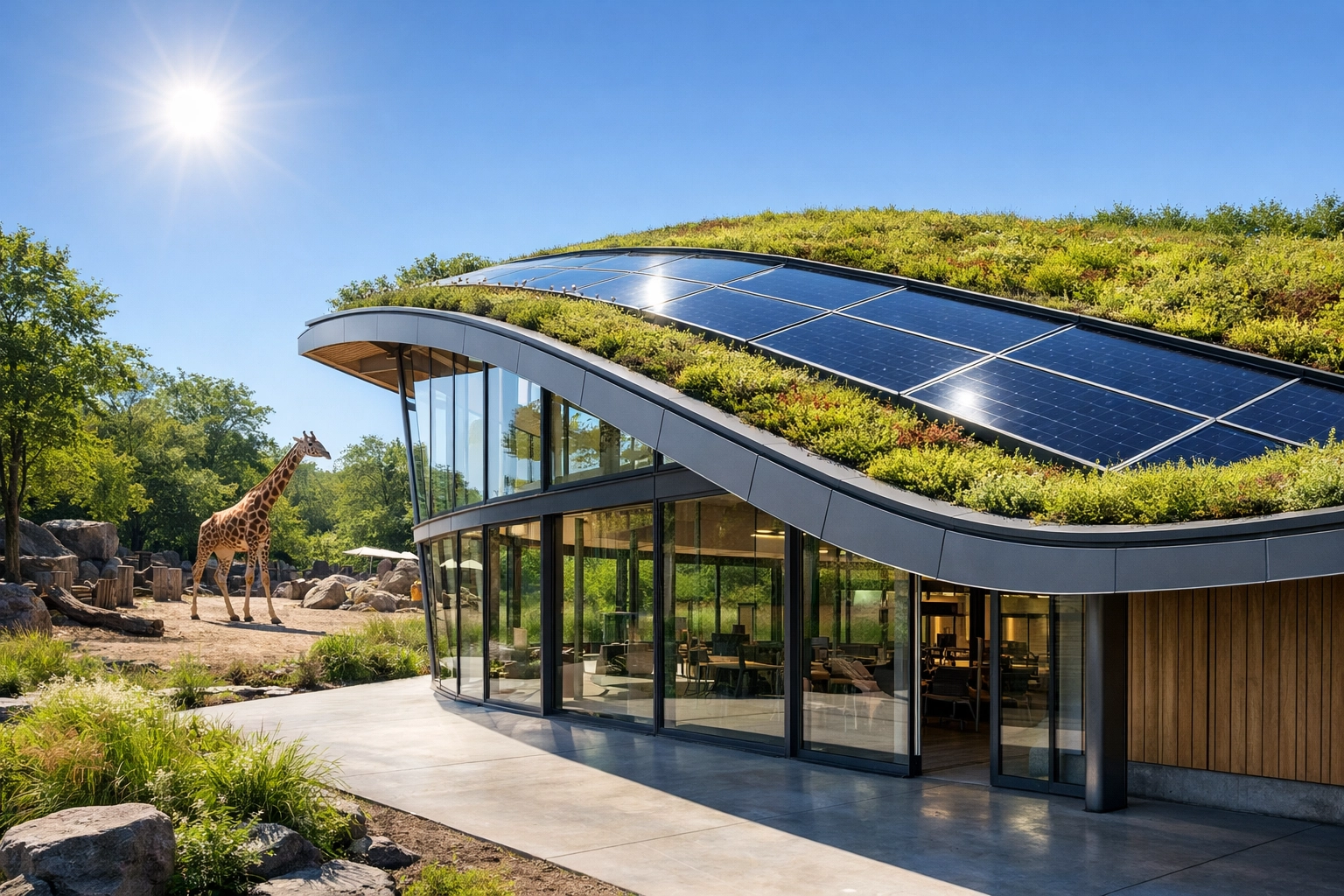 Modern zoo pavilion with a green roof and solar panels near a giraffe enclosure, highlighting sustainable operations.