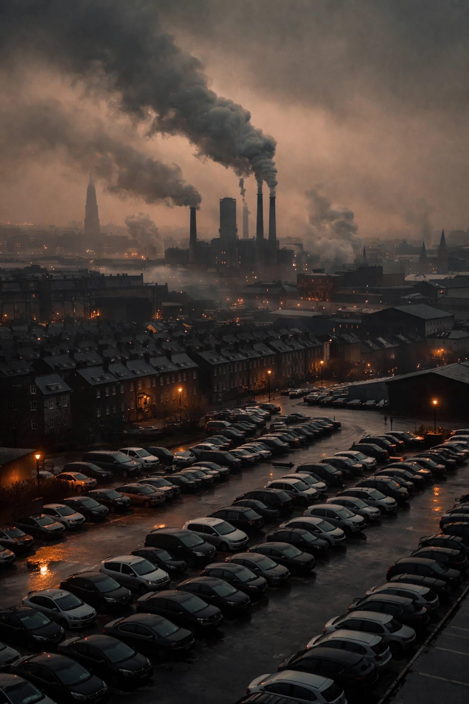 Industrial cityscape at dusk with parked cars and factory pollution, illustrating air pollution's role in vehicle corrosion.