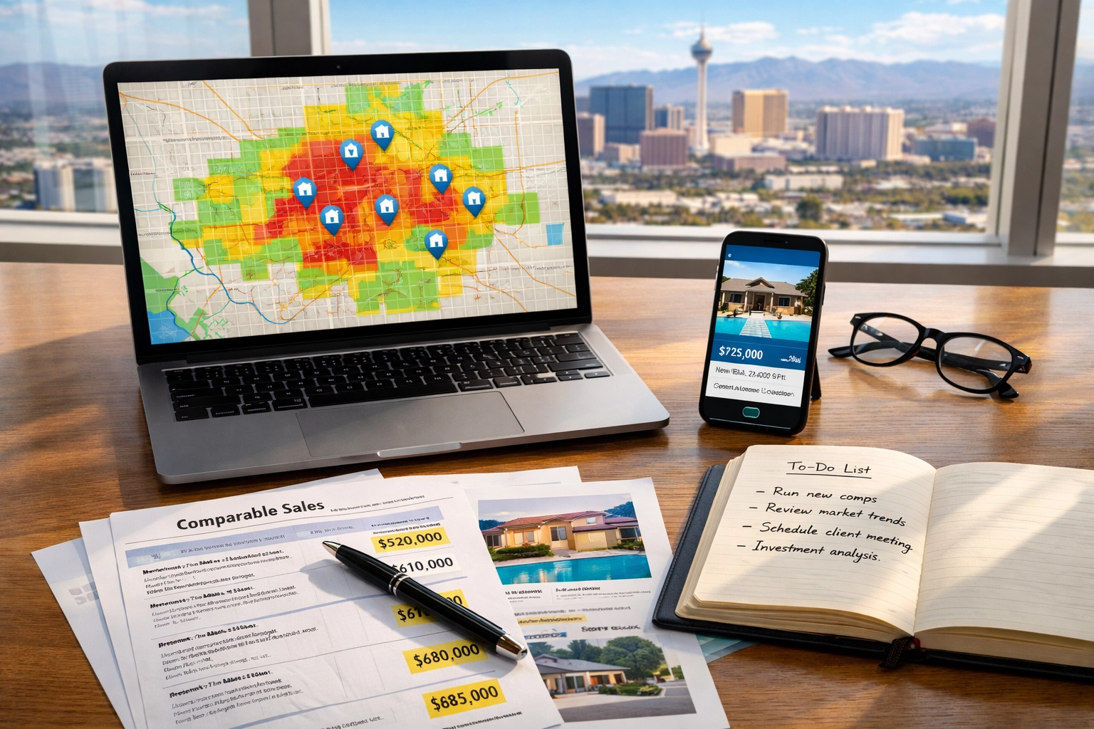 Real estate market analysis and listing strategy planning session with Las Vegas skyline view