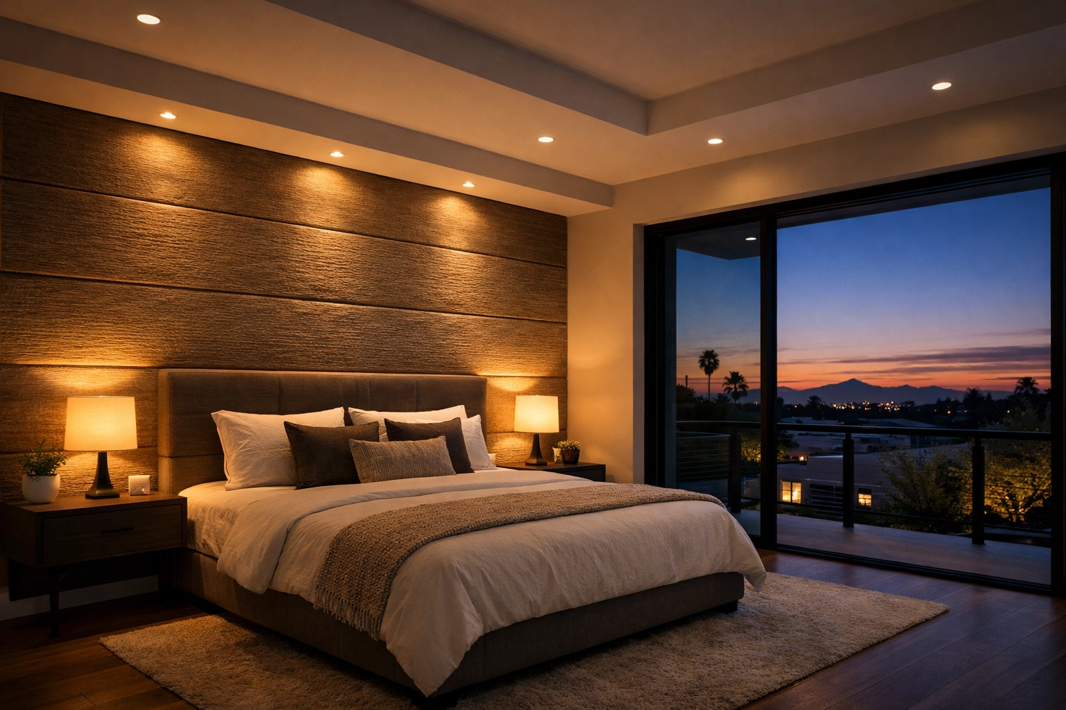 Bespoke smart lighting design in a custom master suite addition overlooking a Tempe neighborhood at dusk.