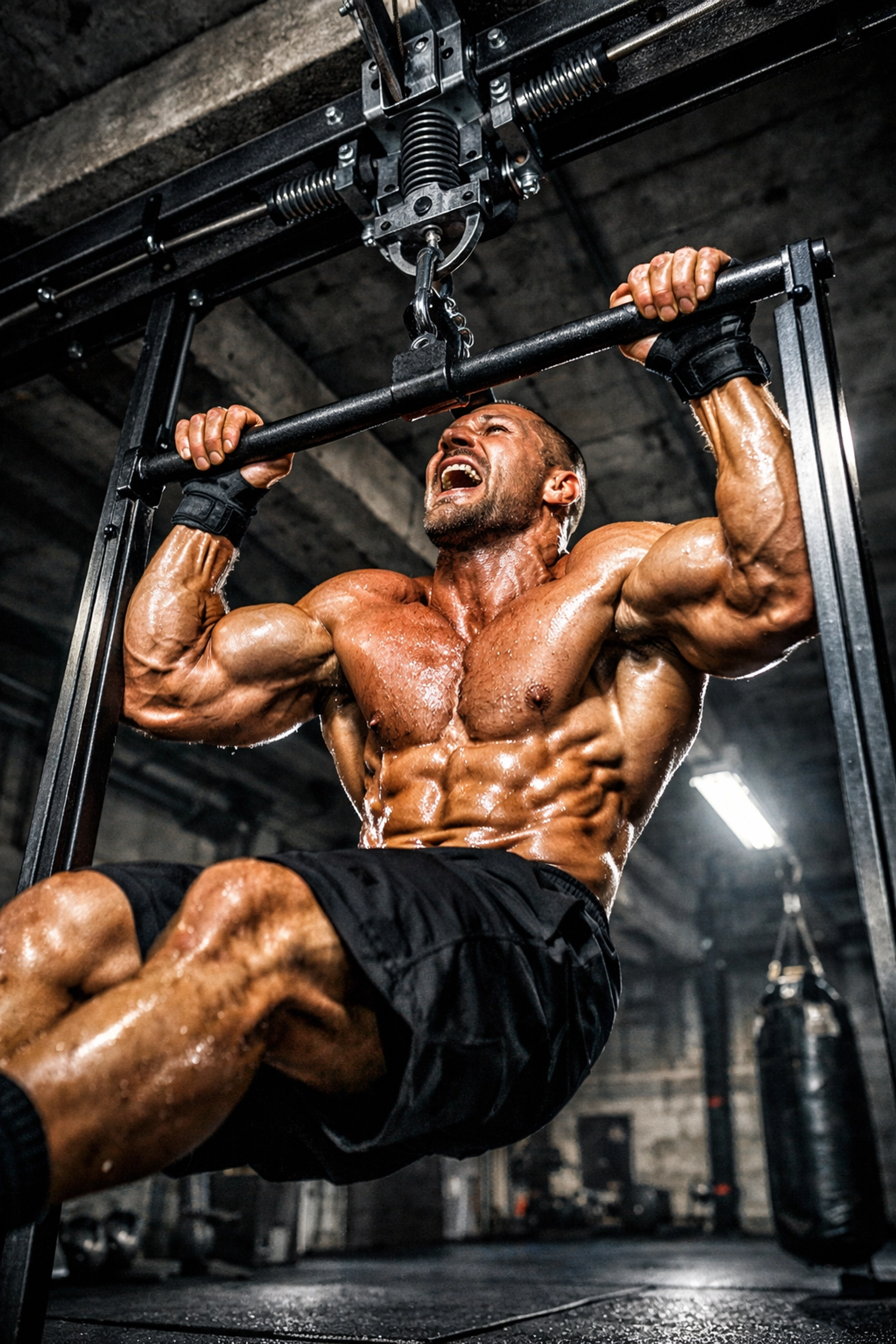 Athlete performing a muscle-up on a Resistance Rail calisthenics system in a home gym.