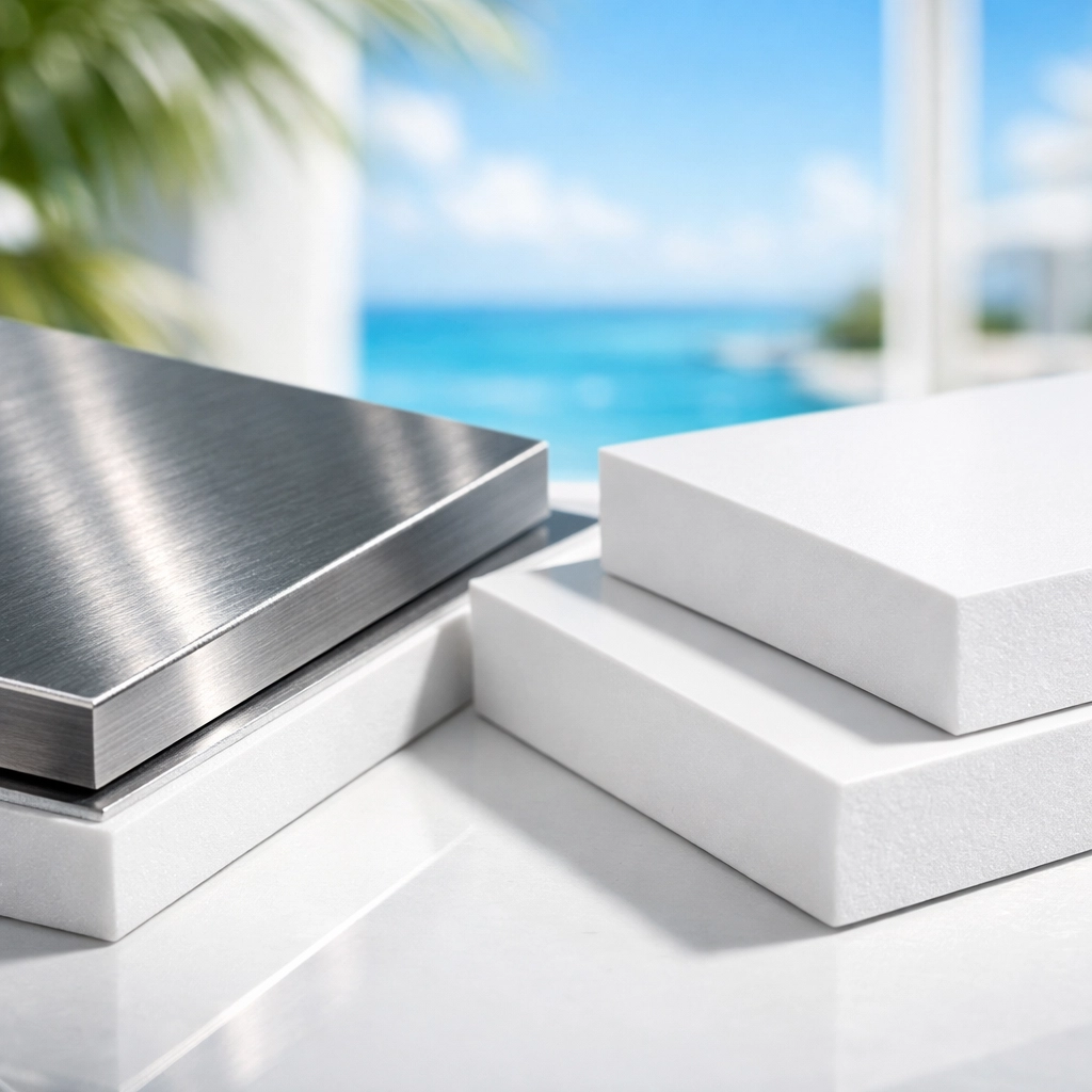 Durable brushed aluminum and marine-grade PVC sign materials for long-lasting business signage.