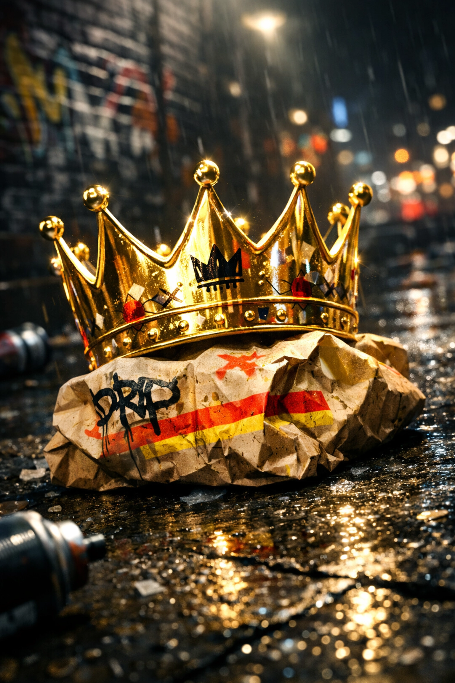A golden crown resting on a fast-food paper bag on a city street, symbolizing Burger King's marketing win.