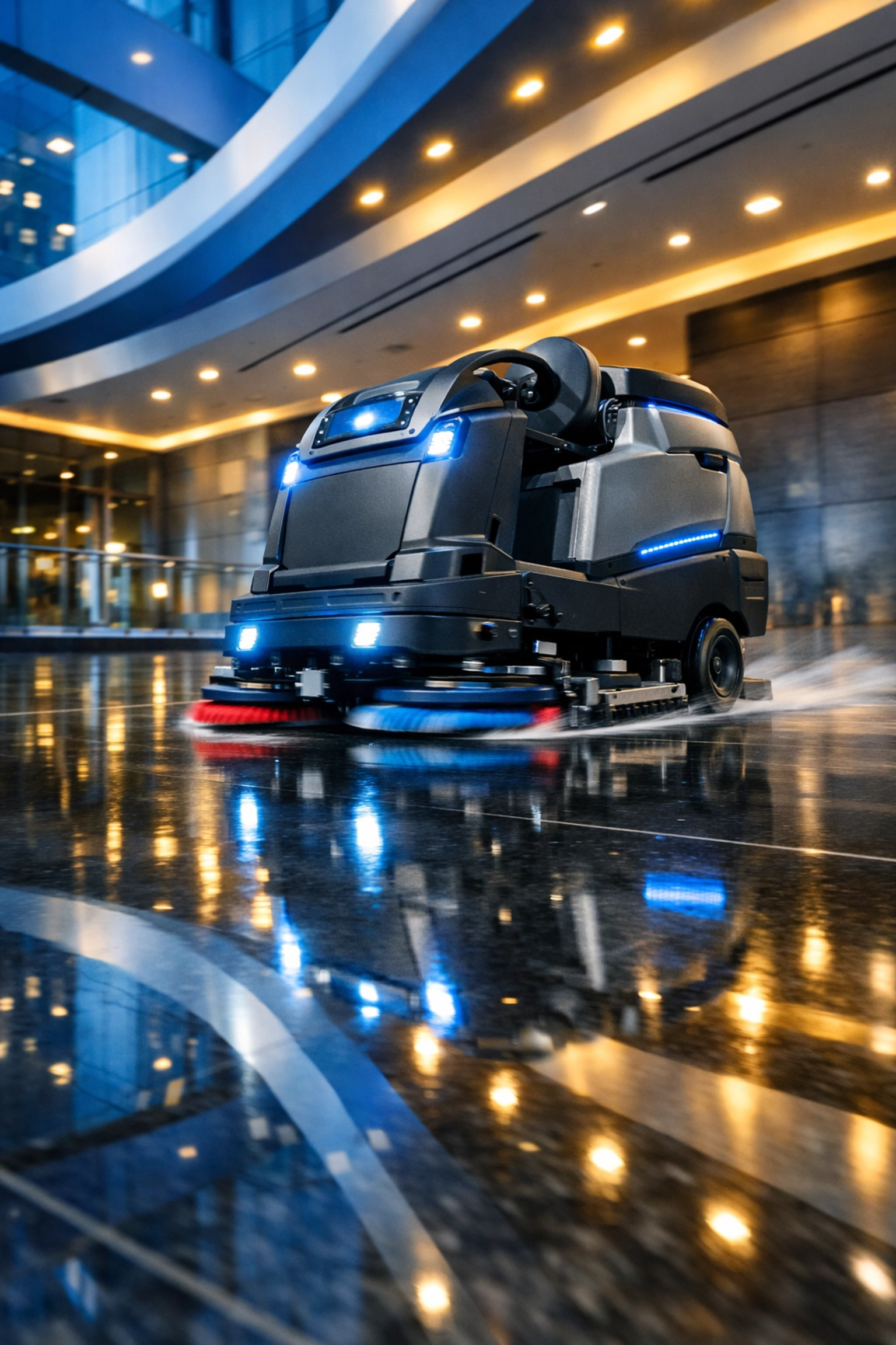 High-tech floor scrubber cleaning a polished corporate lobby reflecting efficient commercial cleaning standards.