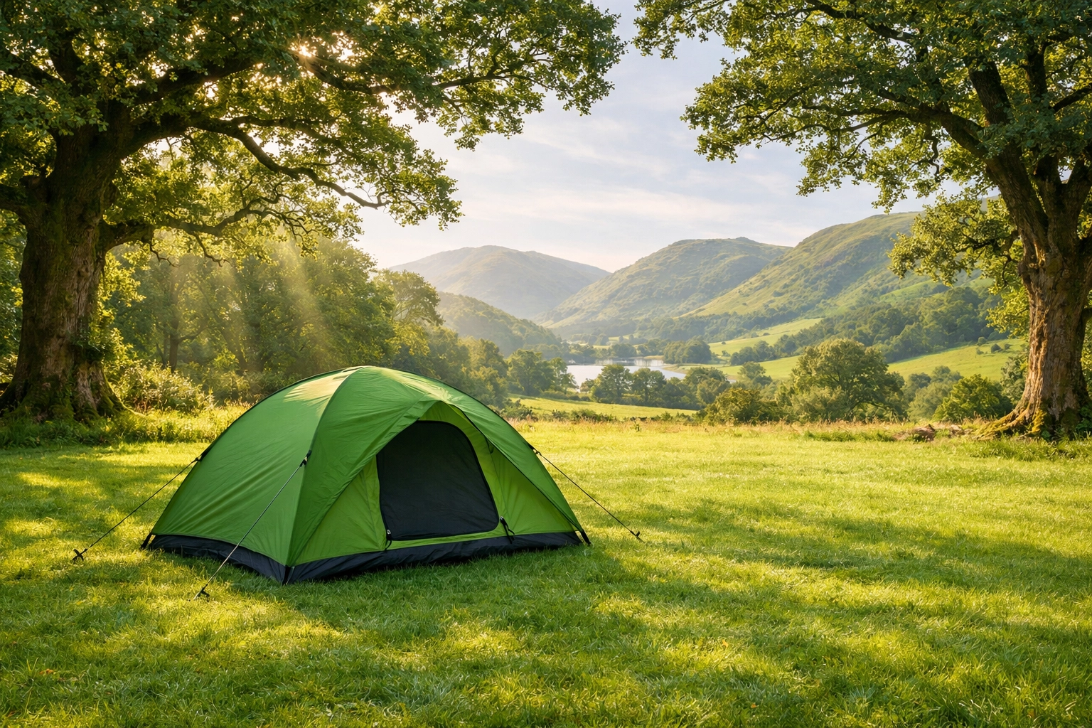 Green tent pitched on flat Lake District grass, campsite setup for a camping adventure UK