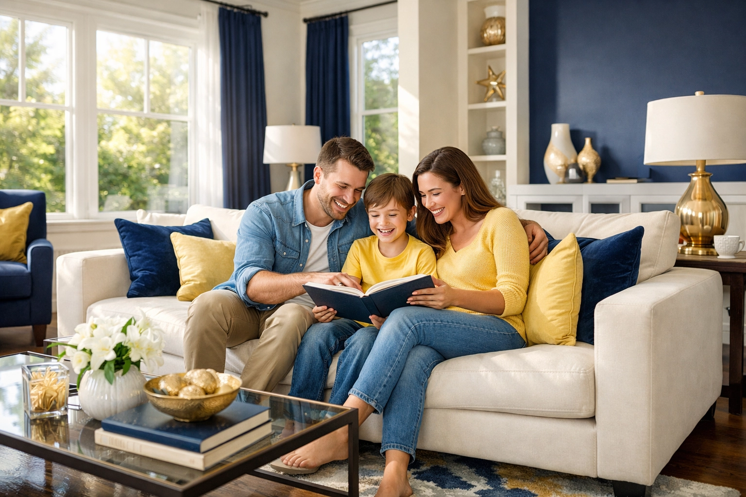Happy family relaxing in a clean Leominster home after professional residential cleaning services.