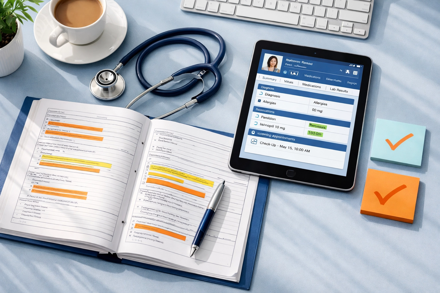 2026 CMS Prior Auth Rules: 7 Mistakes You're Making With Documentation (And How to Fix Them Before January) Organized clinical documentation workspace with medical charts and EHR for prior authorization compliance