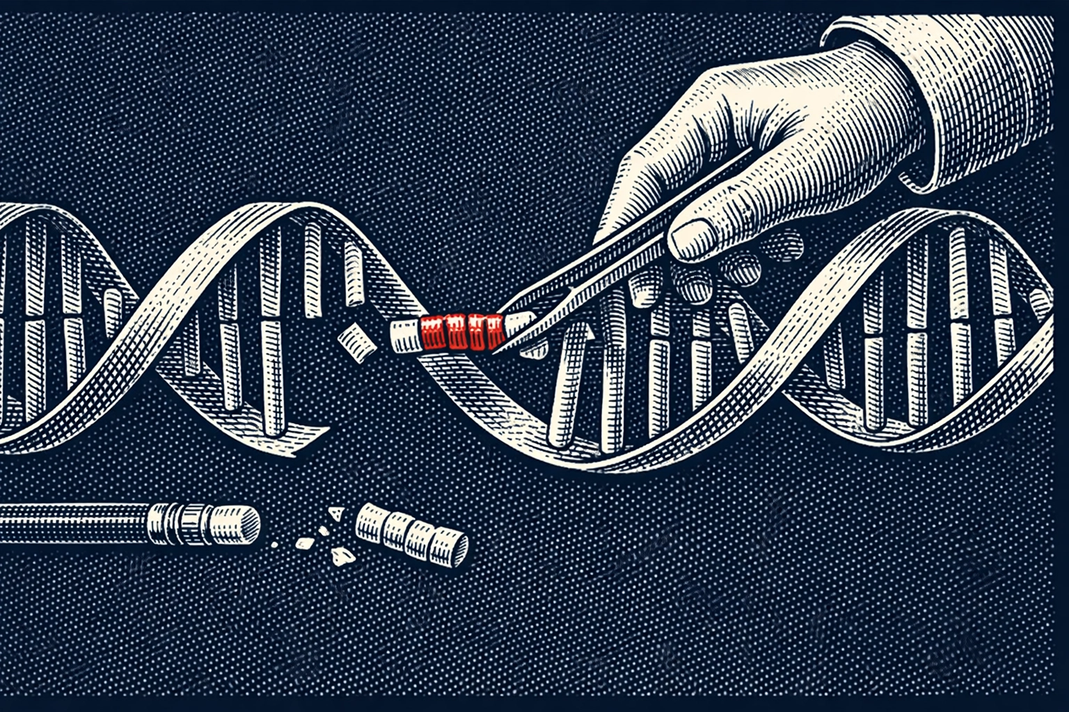 Illustration of DNA double helix being repaired, representing a prime editing gene breakthrough.