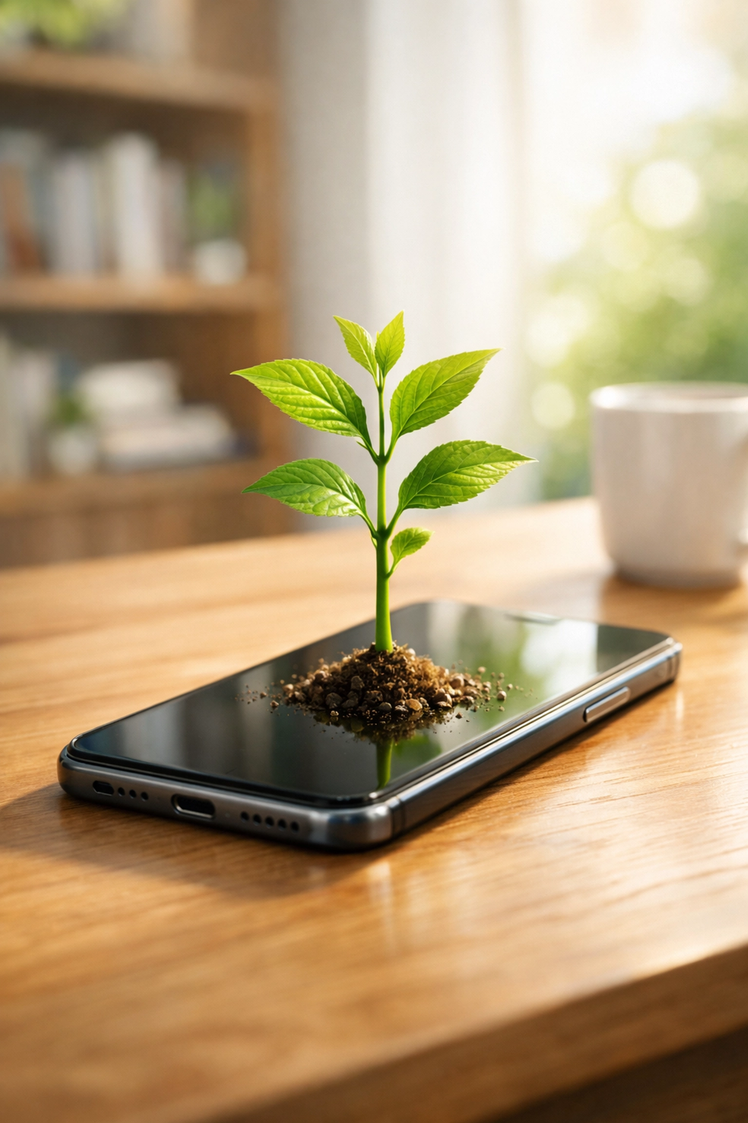 A green sapling growing from a smartphone, representing long-term growth for small business SEO services.
