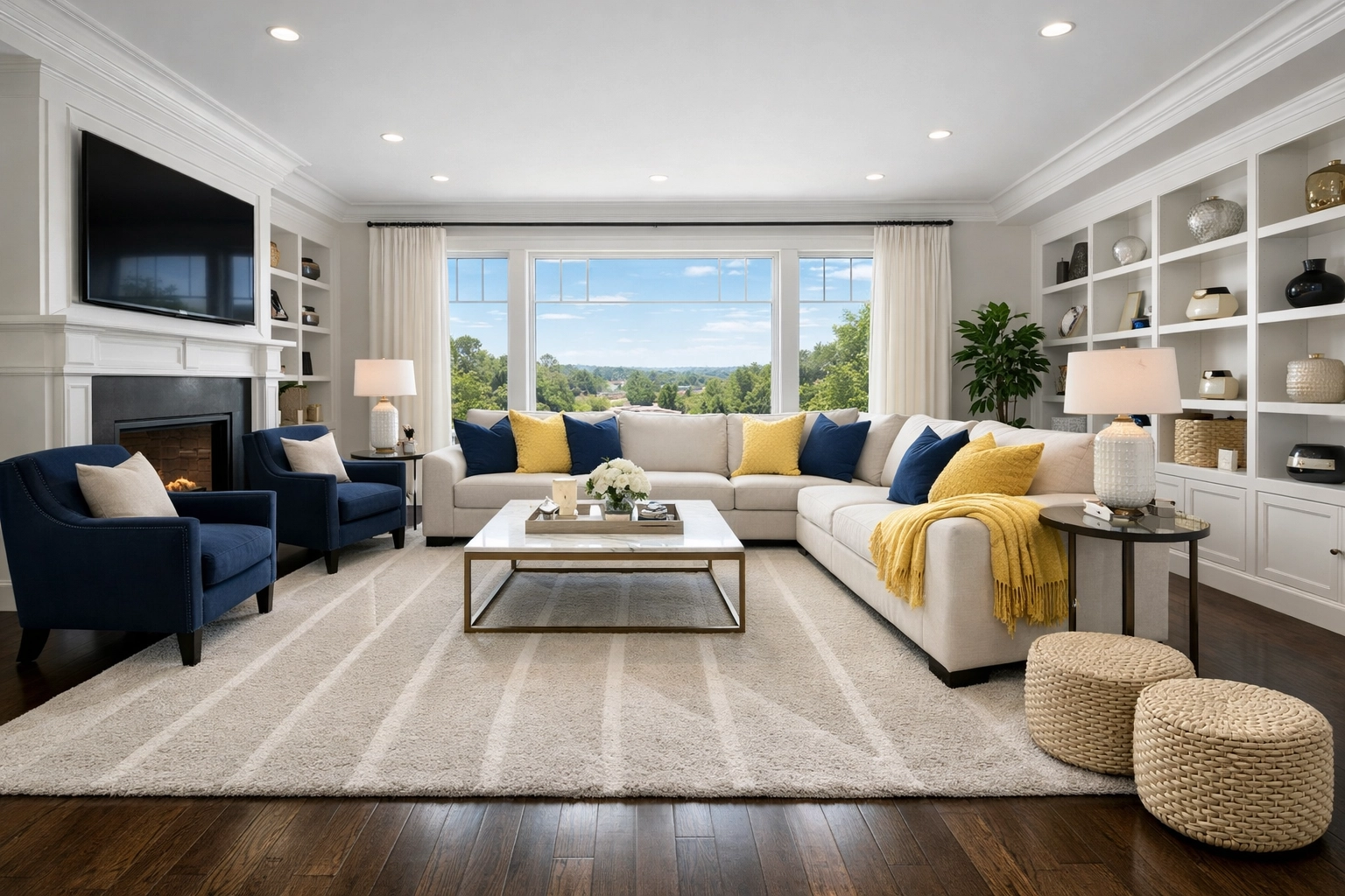 Staged Massachusetts living room showing vacuum lines and the result of expert deep cleaning services.