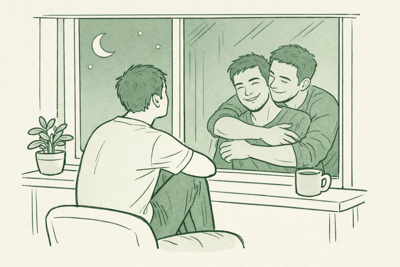 Gay man at window dreaming of love and connection - loneliness in MM fiction