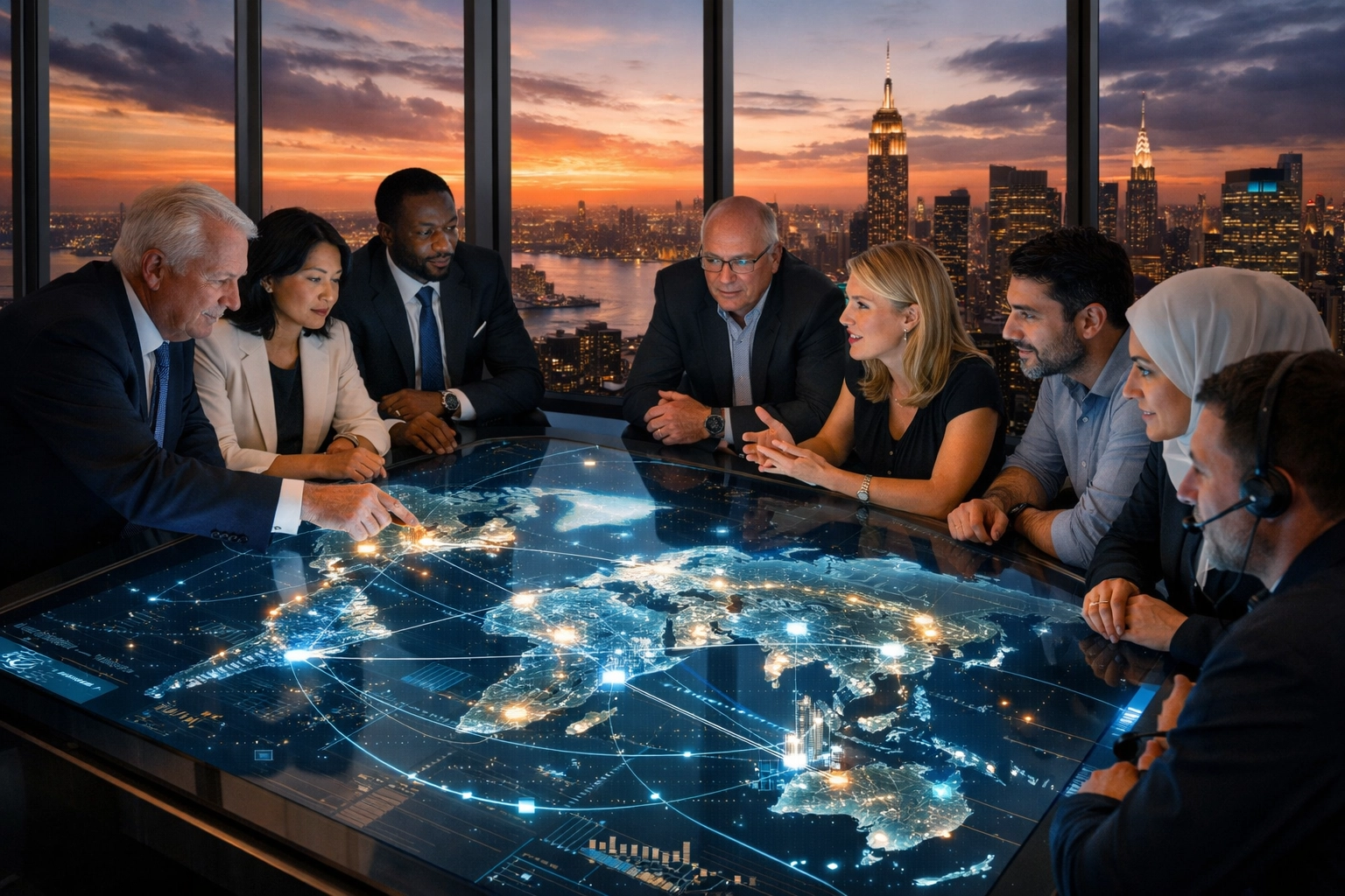 Executives collaborating over a digital map to benchmark global infrastructure and network performance.