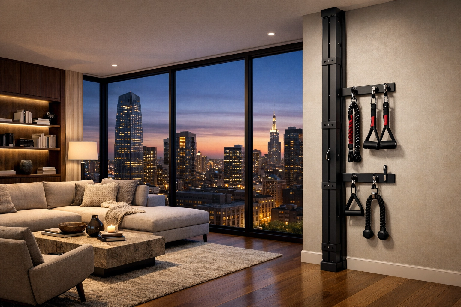 A floor to ceiling gym rail installed in a modern apartment as a no wall damage workout system.
