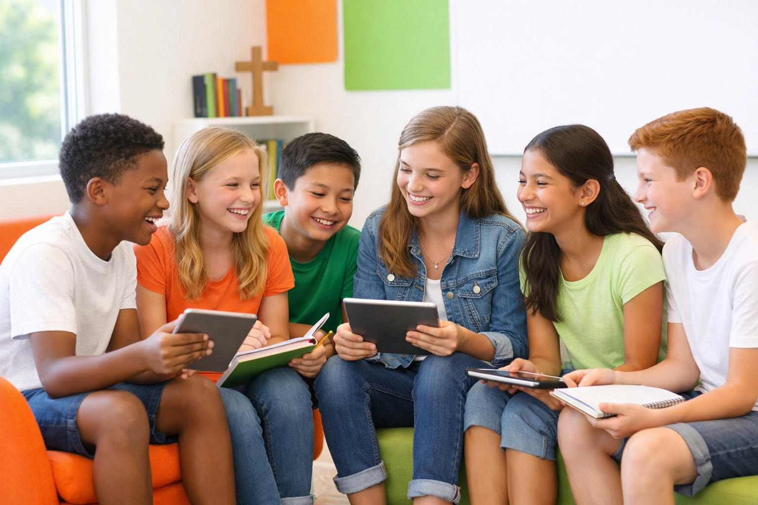 Christian children and teens learning life skills together in faith-based classroom