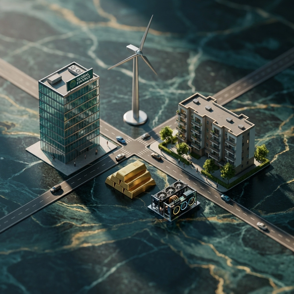 Miniature models of office building, real estate, and gold bars depicting diversified alternative assets landscape.