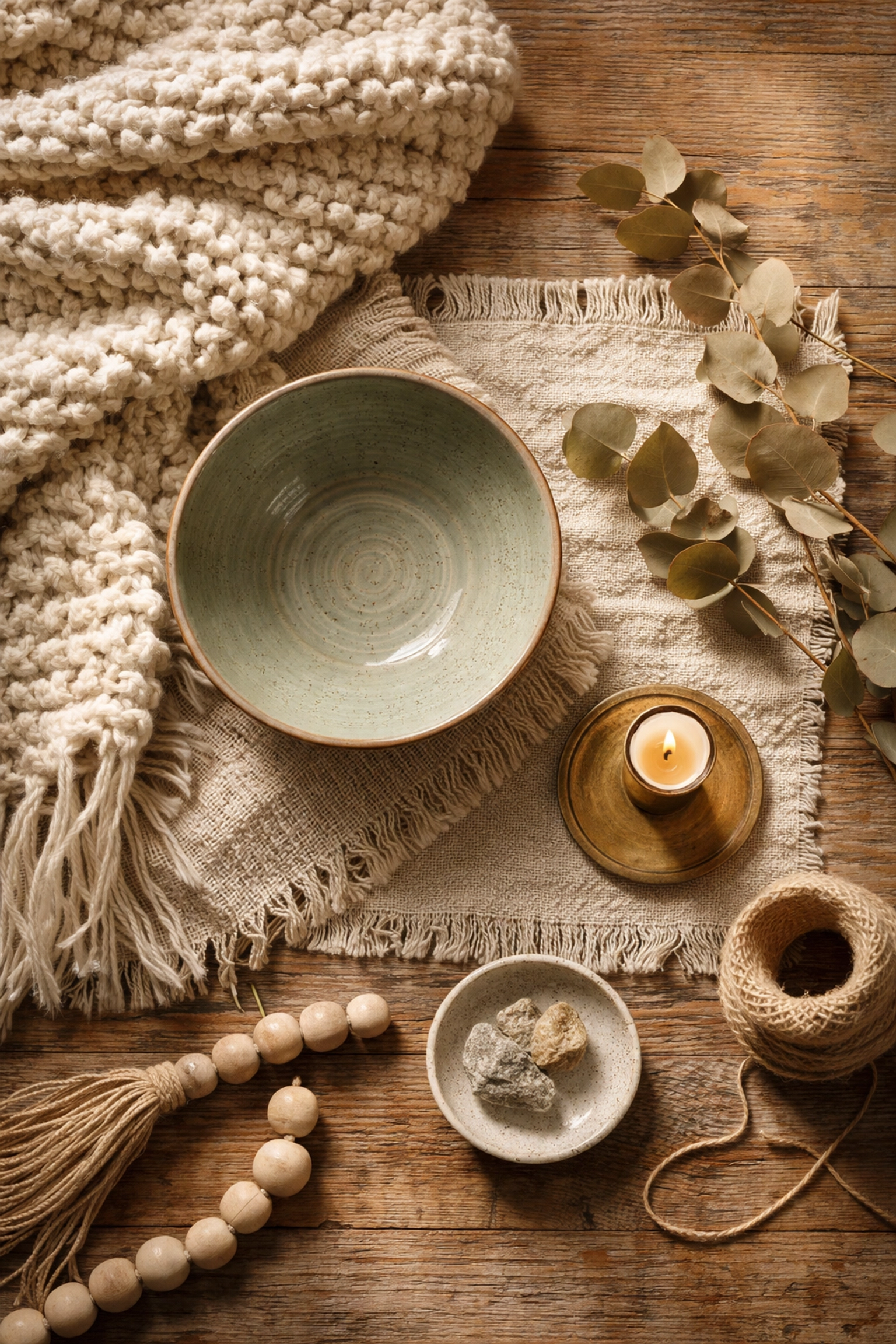 Flat-lay of handcrafted pottery, a knit throw, and rustic accents, highlighting layered textures in artisan home decor.