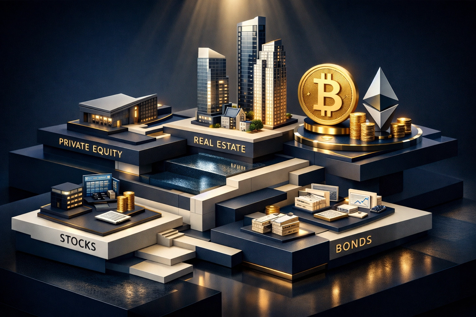 Multi-layered investment portfolio showing diversified alternative assets including real estate and digital currencies