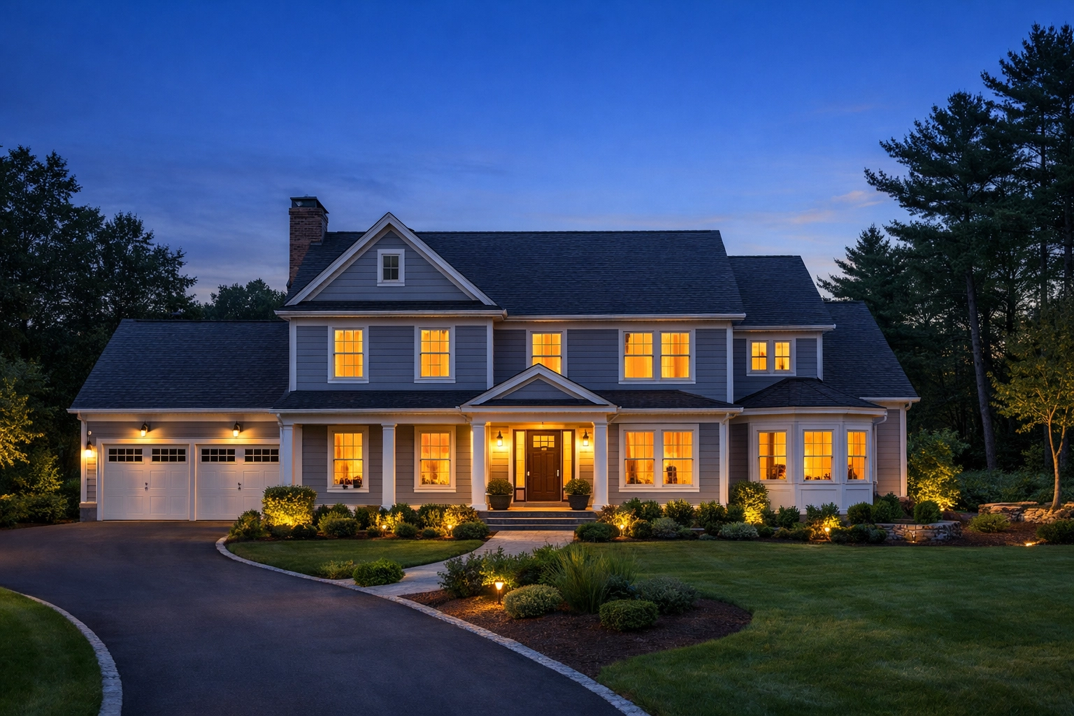 Elegant Wayland home at twilight with a clean, high-end look—blue evening tones and warm yellow light.