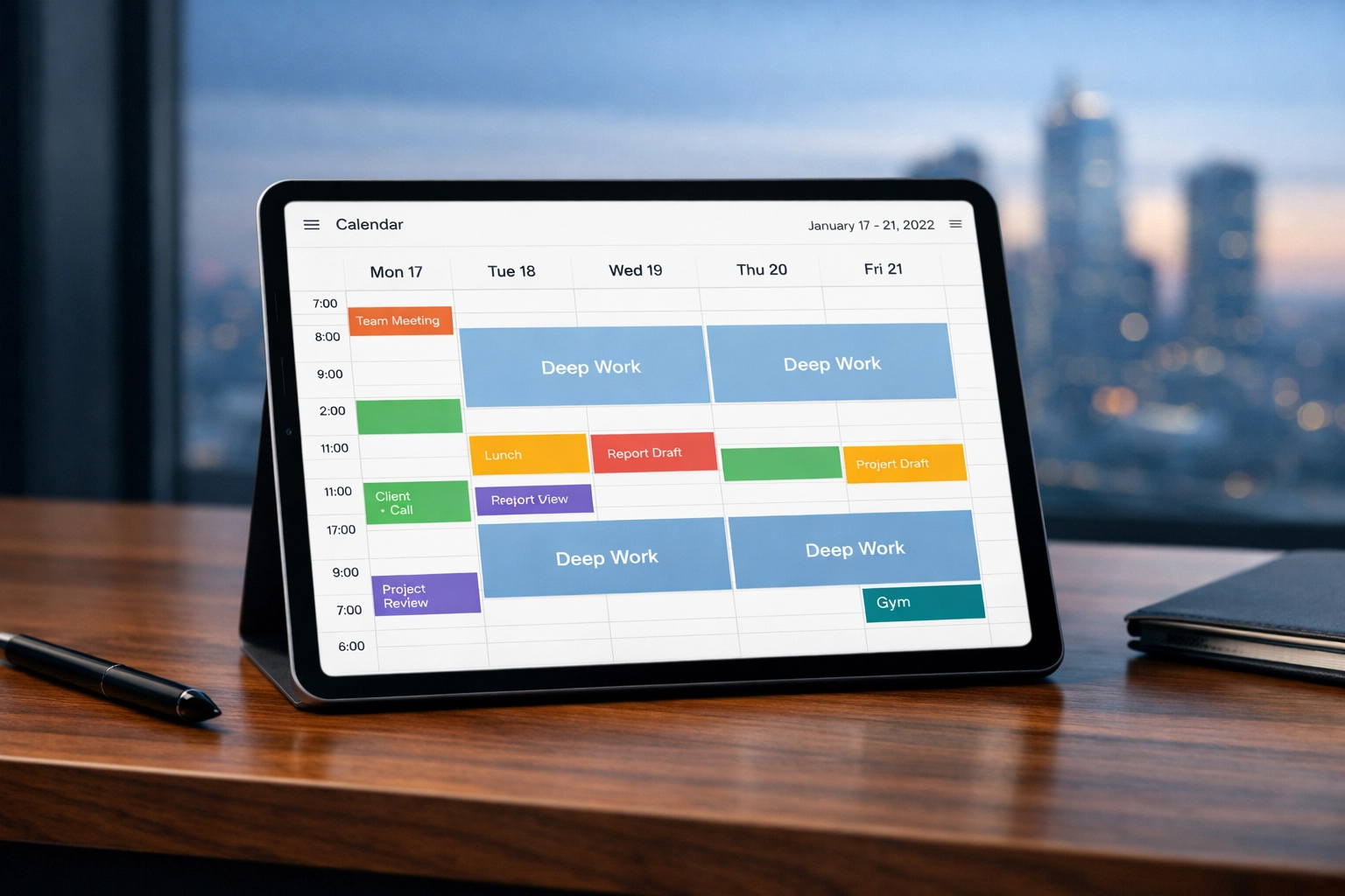 Microsoft 365 Copilot calendar on a tablet showing automated deep work time blocking for executives.