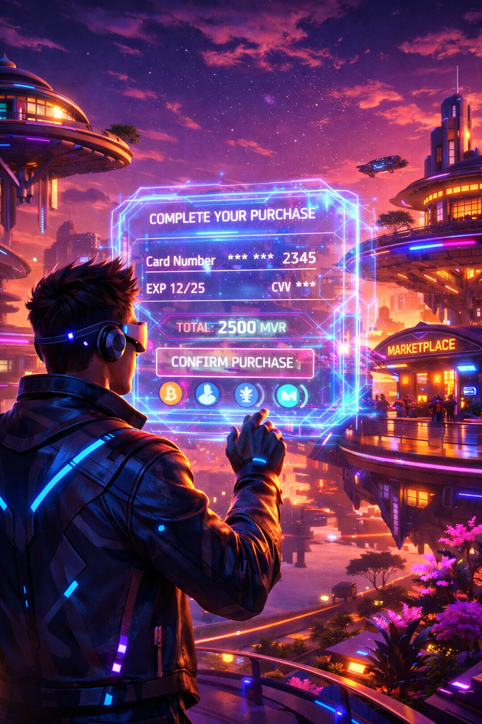 An avatar using a holographic interface for metaverse payments and Web3 commerce in a futuristic digital city.