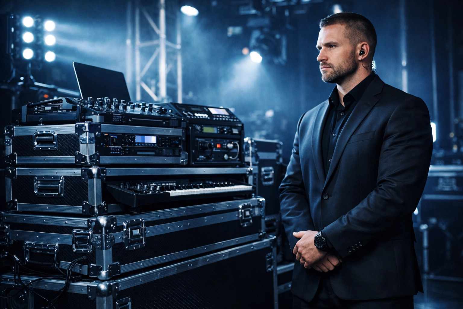 Professional security expert from 911 Medellin guarding artist tour equipment in a secure backstage zone.
