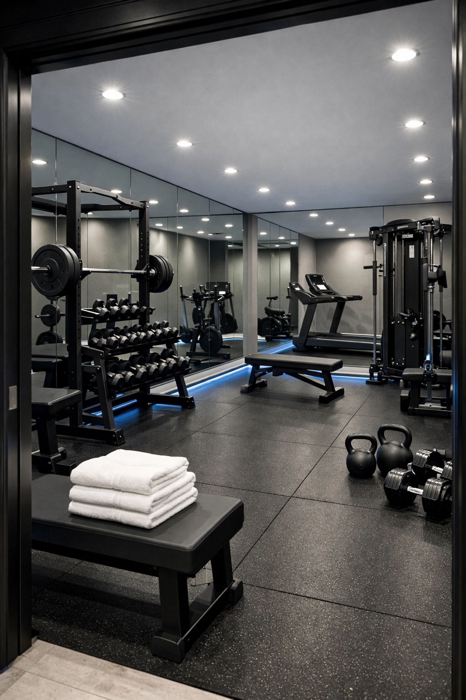 Sanitized luxury home gym with streak-free mirrors and spotless equipment after a Winchester house cleaning.