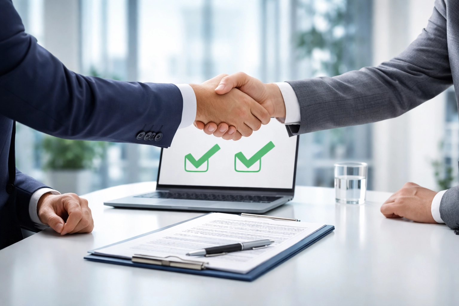 Two businesspeople shaking hands over approved documents, showing successful high-risk merchant account approval