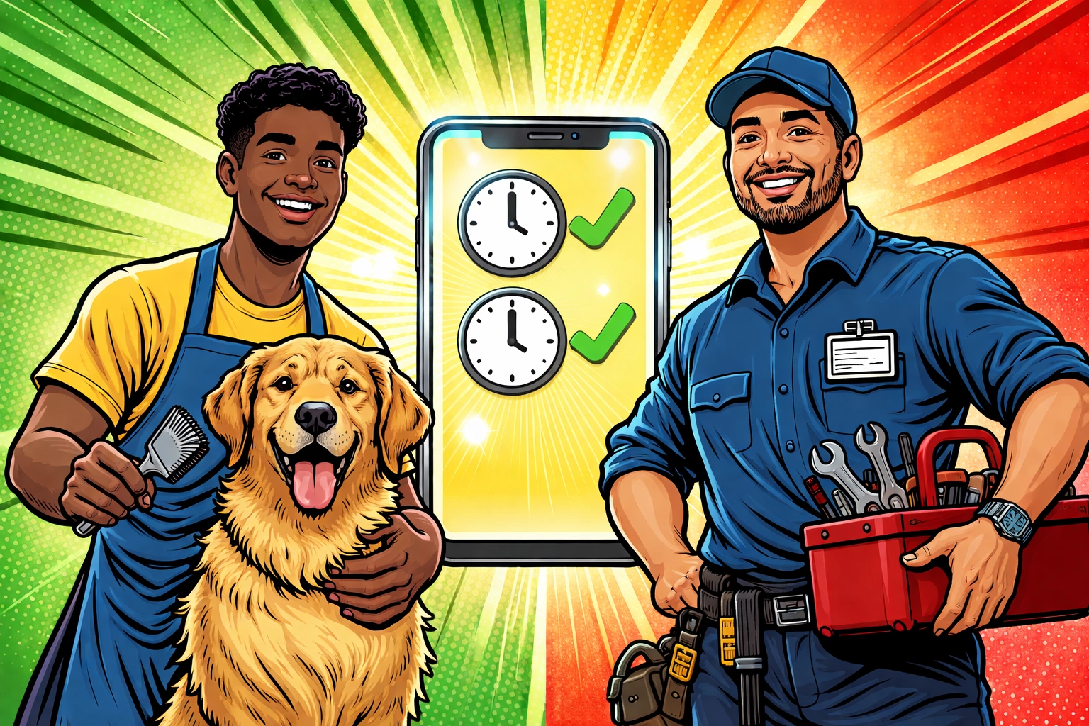 Comic-style pet groomer and HVAC tech using a smart phone, showcasing AI for efficient home service scheduling.
