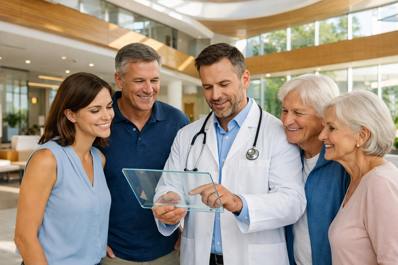 Diverse age group reviewing age-specific health screening results with a medical professional.