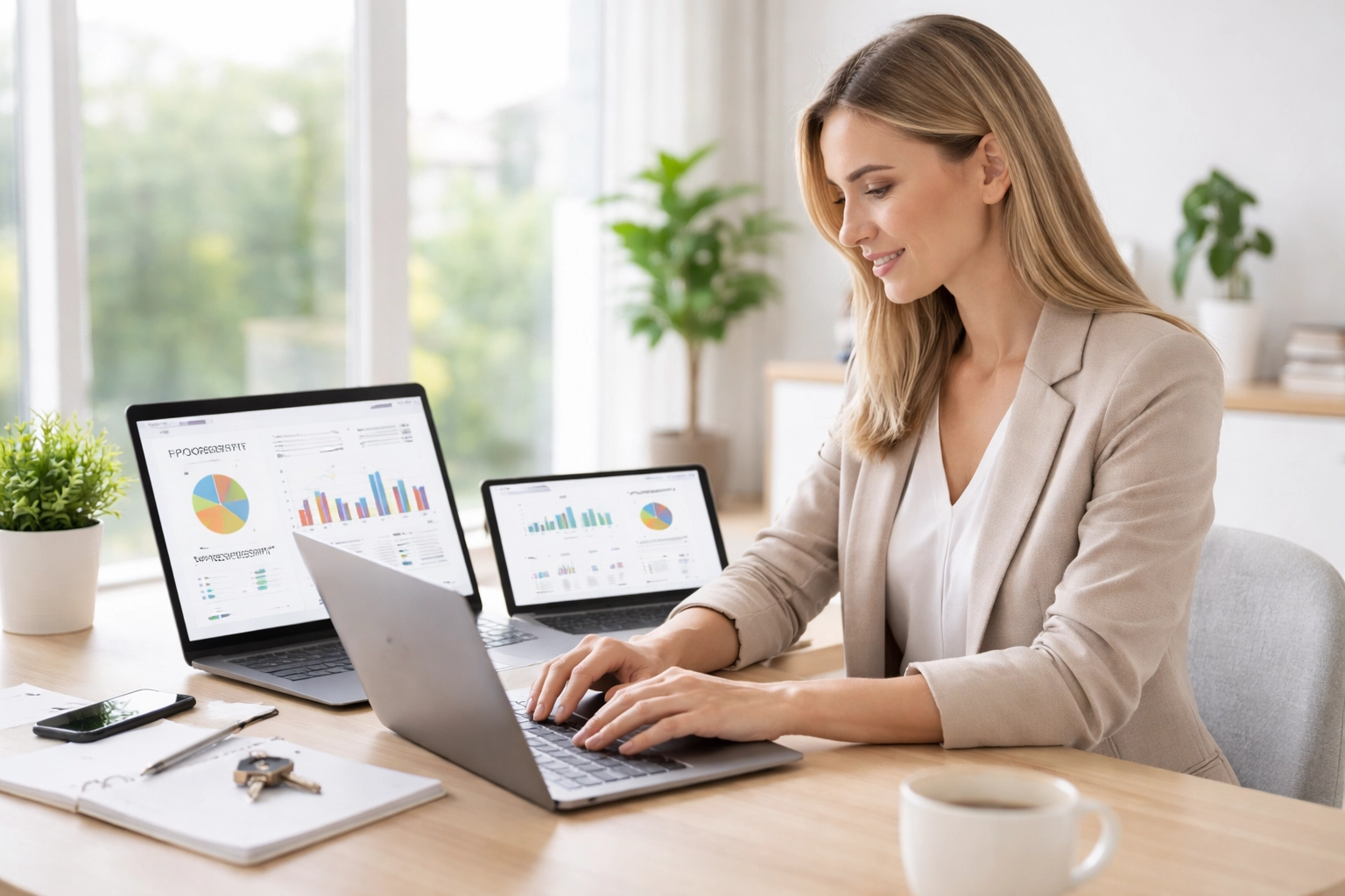 Property manager at desk with digital dashboards demonstrates efficient AI-driven property management workflow.