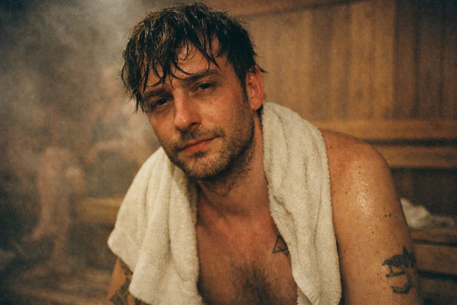 A close-up of a relaxed person with damp messy hair and subtle tattoos, wrapped in a towel in a cedar-wood Berlin sauna, shot like grainy 35mm film.