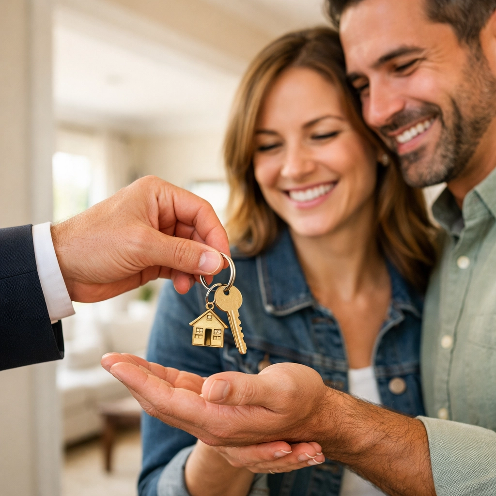 Real estate agent handing house keys to a couple in the entryway of their new Denver home.