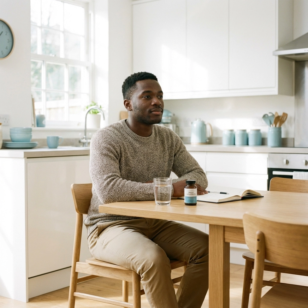 Young Black man at a kitchen table with vitamins and a journal, practicing self-care and faith during exhaustion.