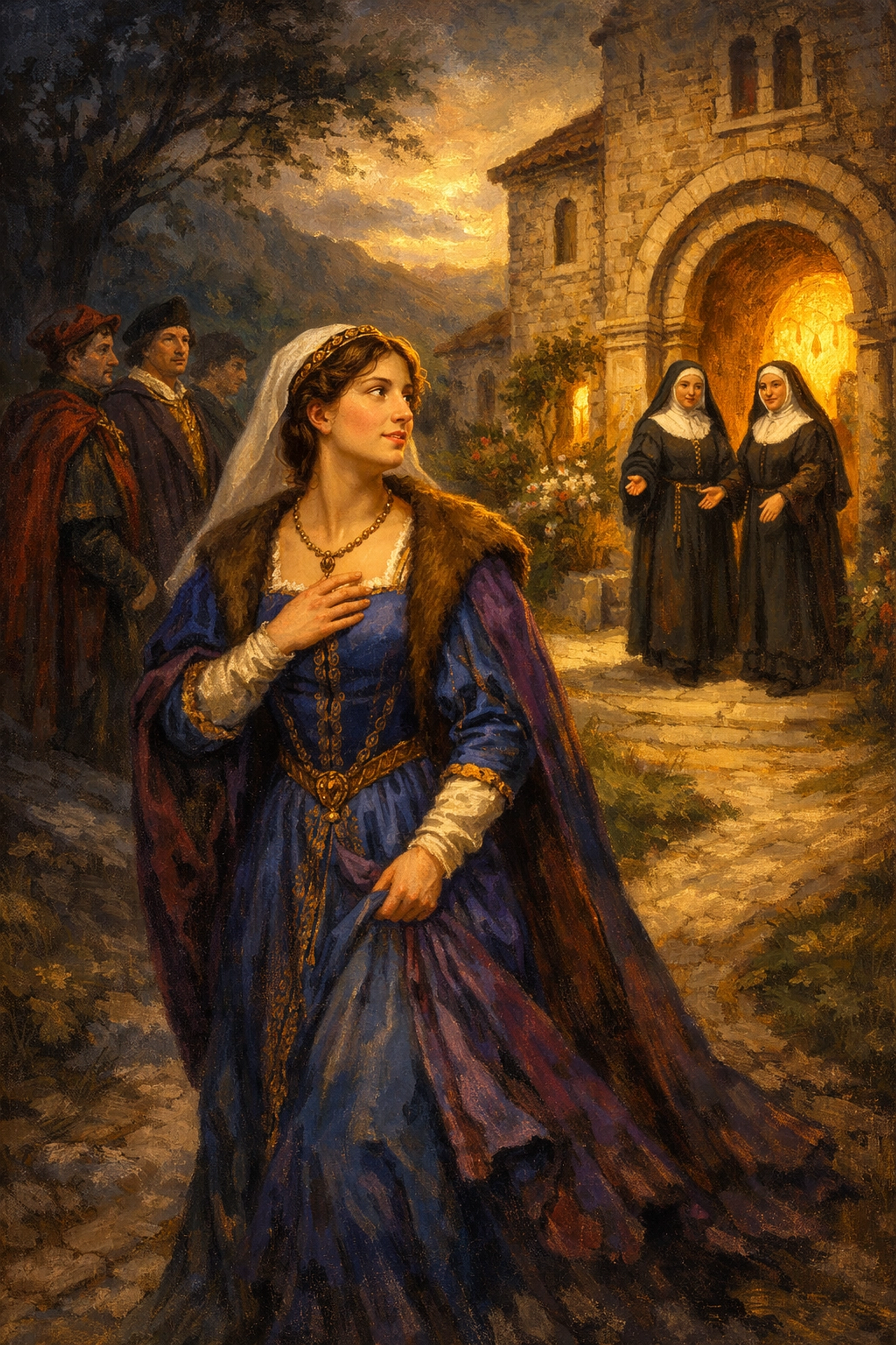 Medieval noblewoman choosing convent sanctuary over forced marriage to escape heterosexual expectations