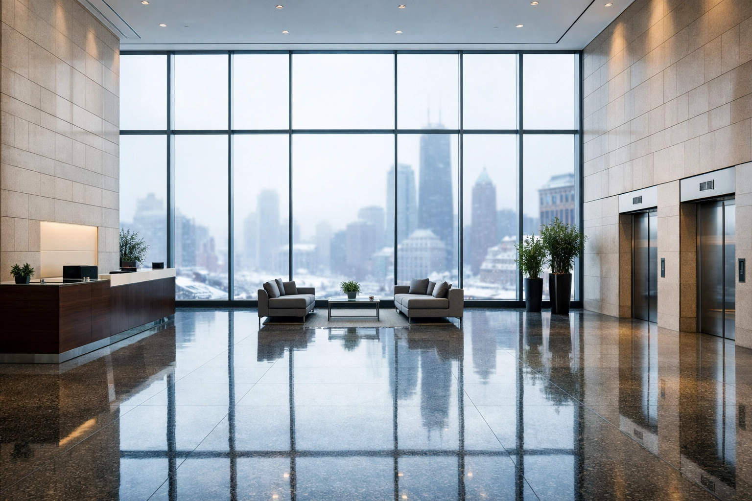 Pristine corporate lobby in a Chicago skyscraper highlighting professional office cleaning standards.