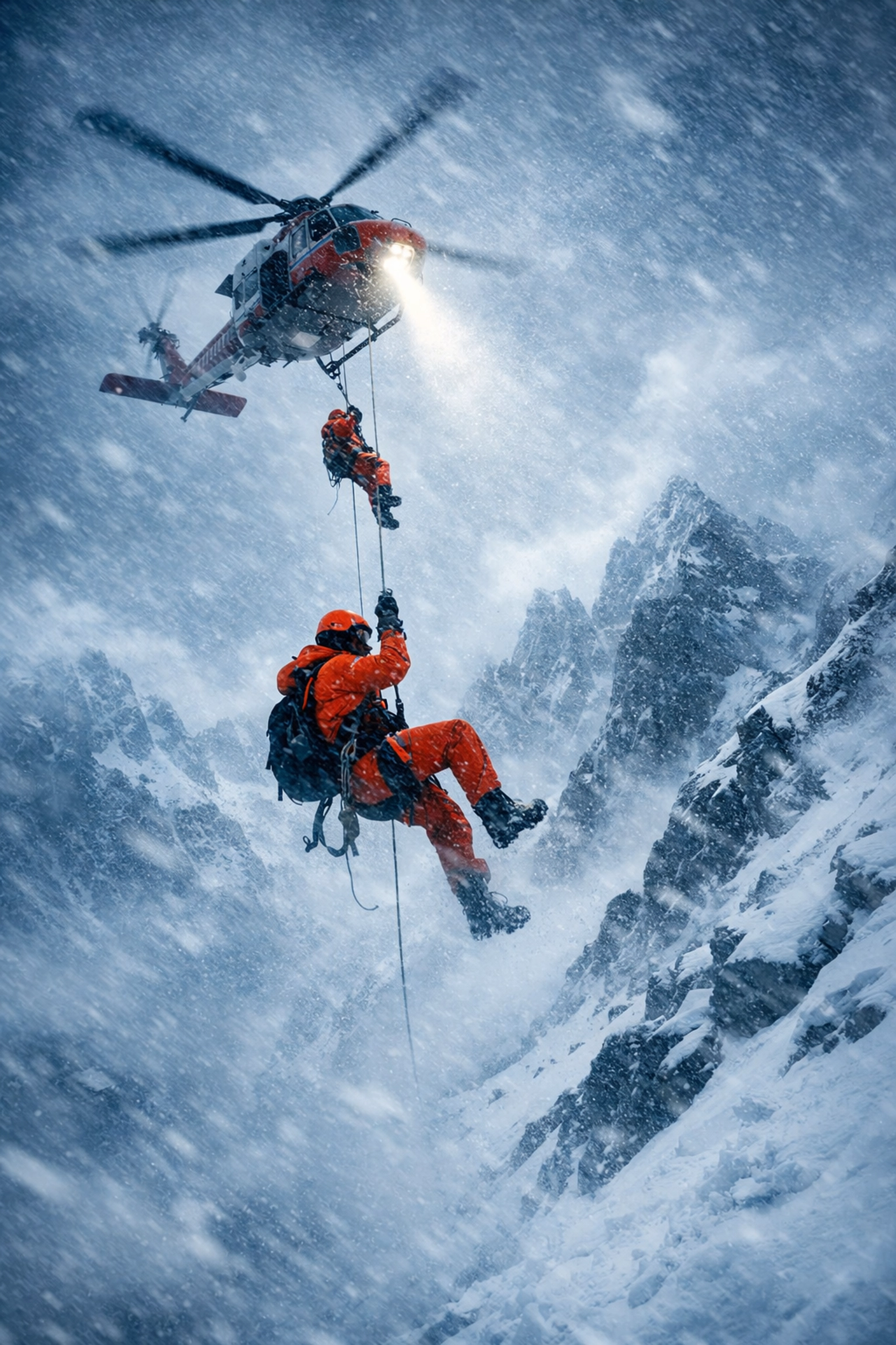 Mountain rescue helicopter searching for avalanche survivors in Lake Tahoe winter storm