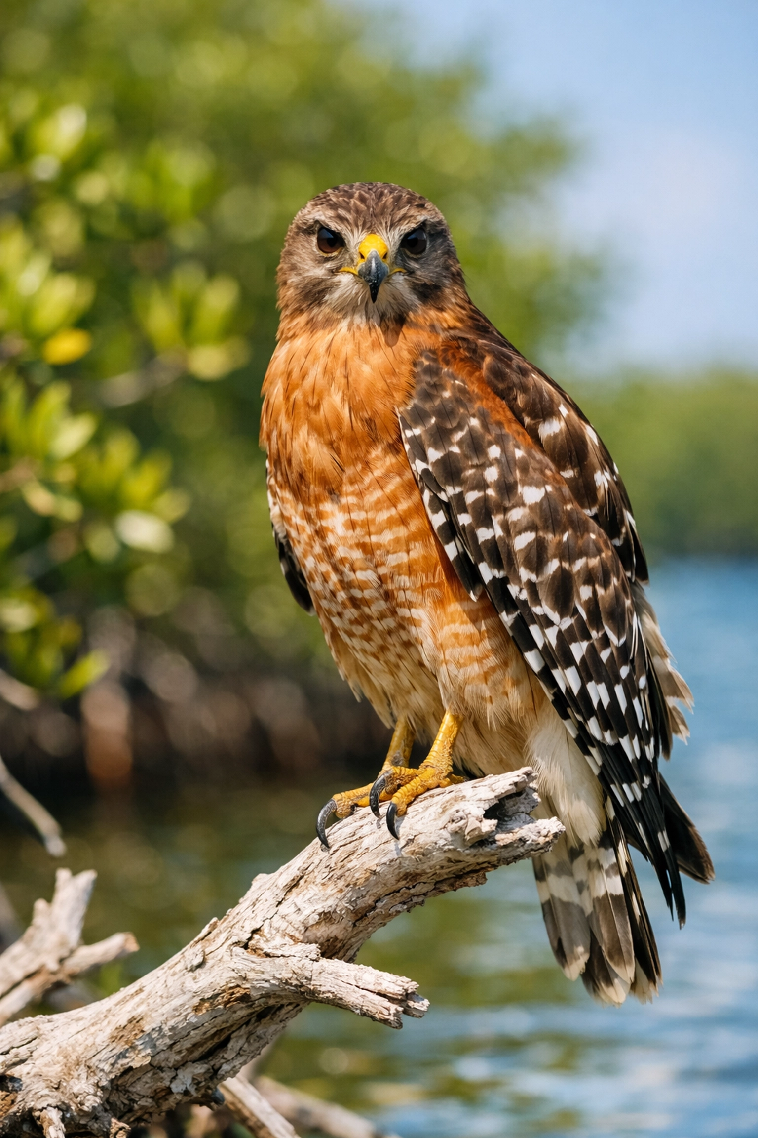 A Red-shouldered hawk on a mangrove branch at Nine Mile Pond, a prime spot for bird photography tours.