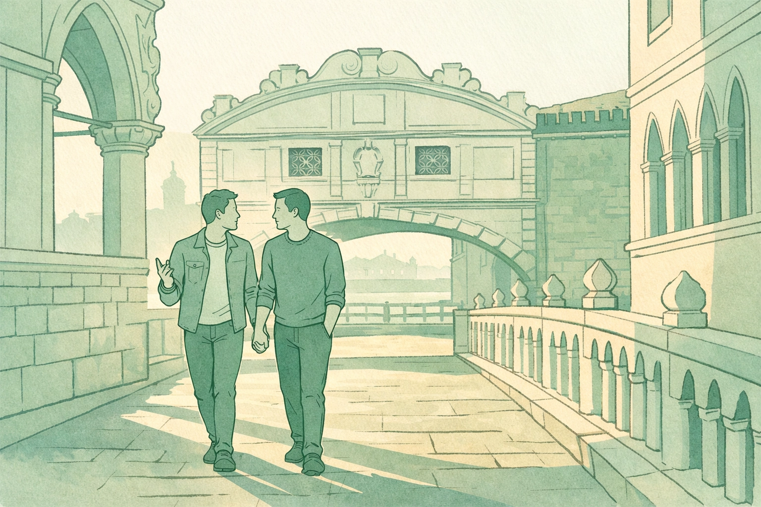 MM couple walking Bridge of Sighs Venice - romantic gay travel destination