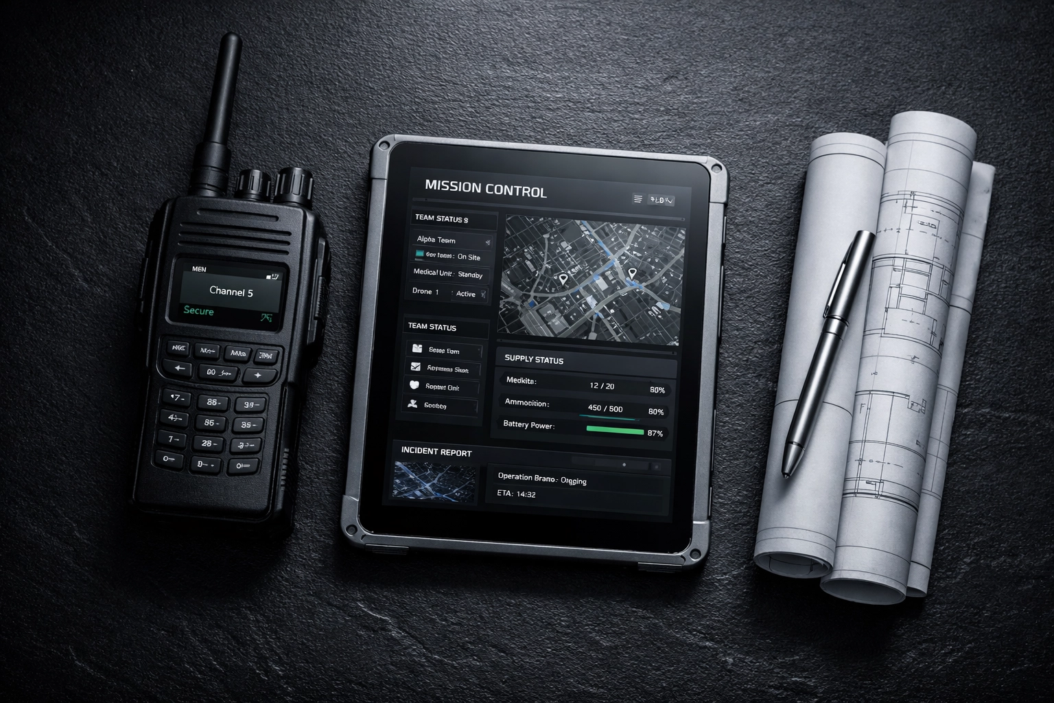 Tactical radio and digital tablet displaying emergency management logistics on a modern workspace.