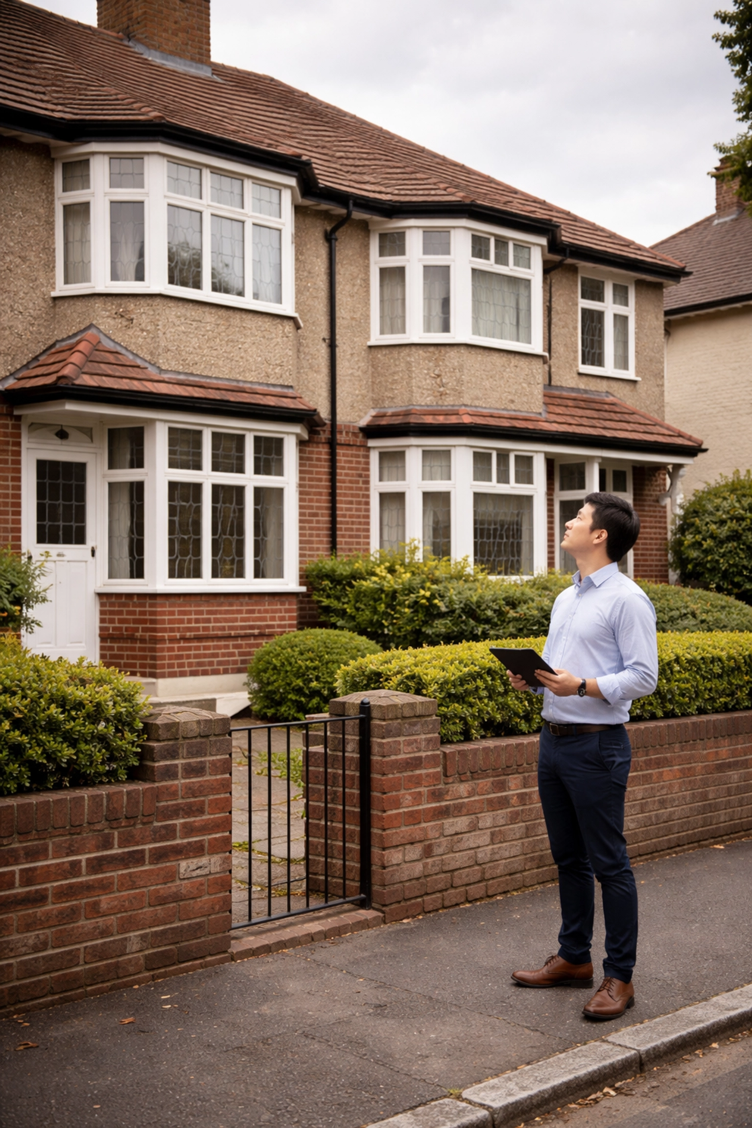Romford surveyor assessing a 1930s semi-detached property before a home survey