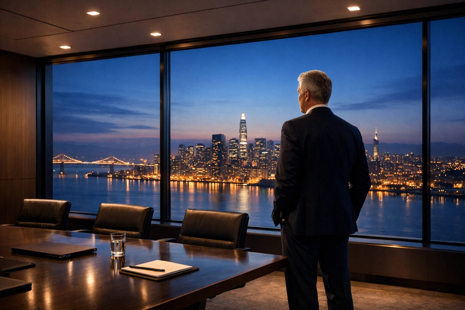 Visionary executive viewing a city skyline from a boardroom, representing a strategic Q1 business outlook.