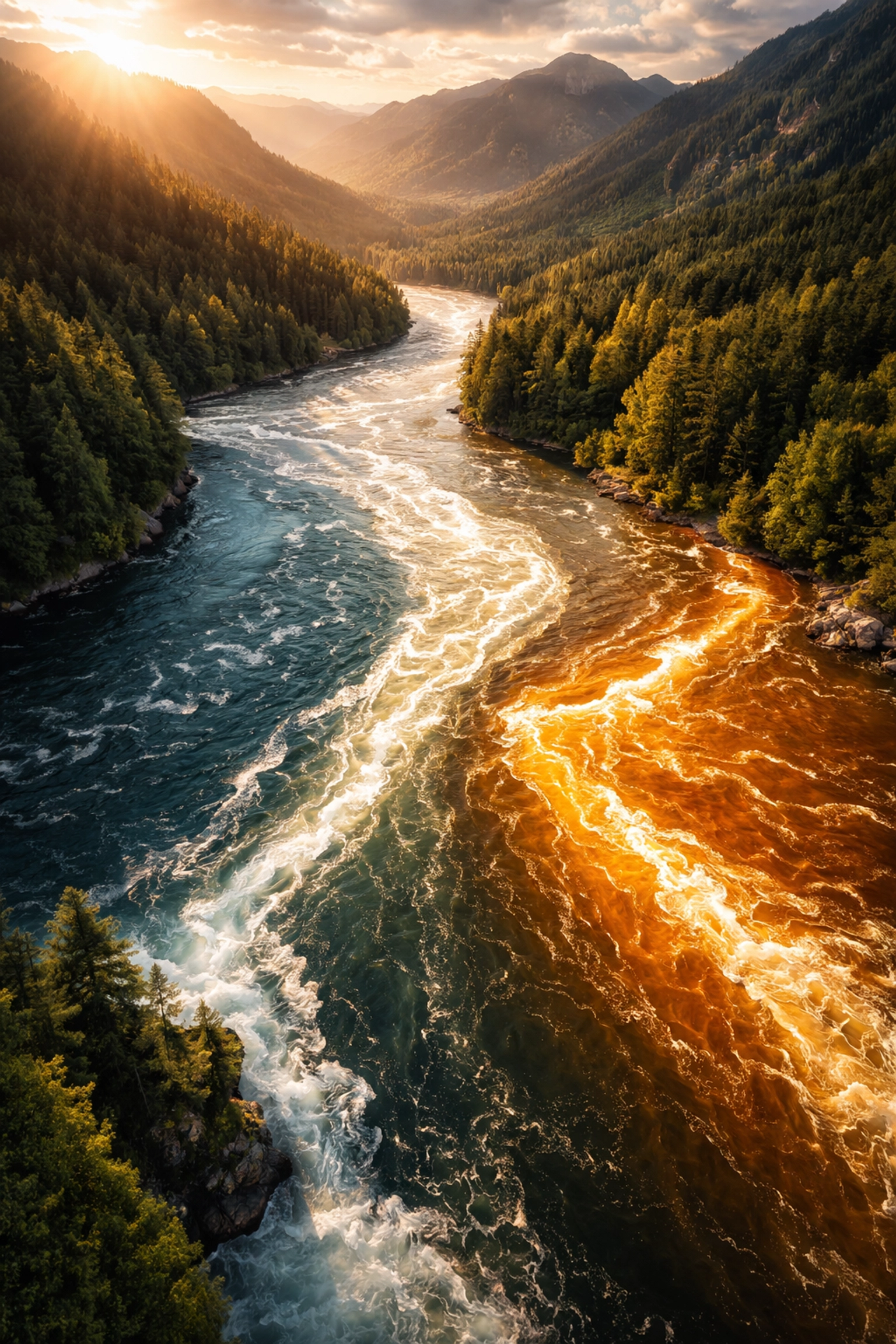 Three colored rivers merging to symbolize equities, fixed income, and alternatives in a unified portfolio