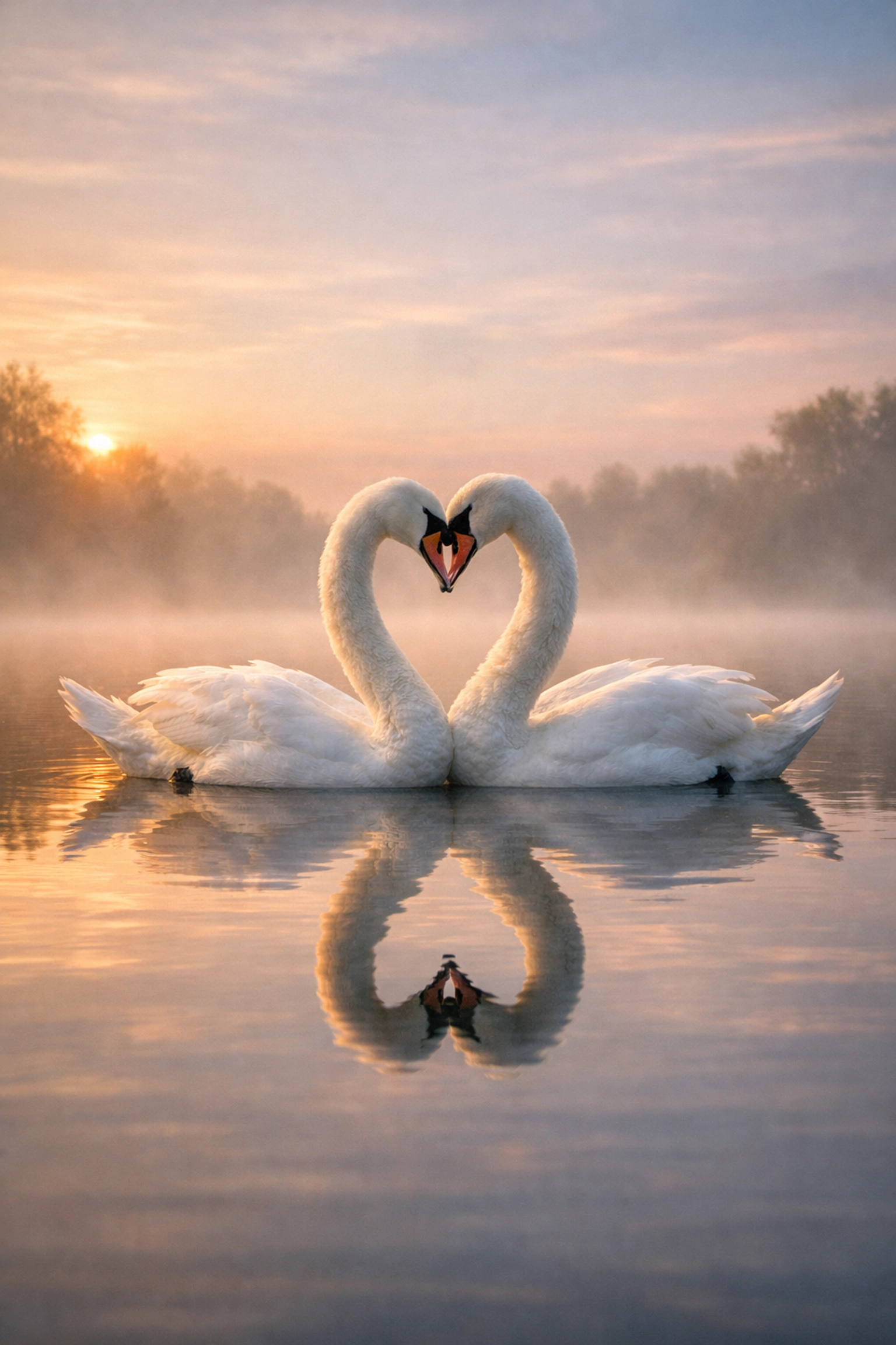 Two male swans entwined in a heart shape on a misty lake, showing same-sex animal behavior in nature.